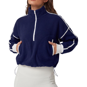 2026 Trending <b>Women's</b> <b>Navy</b> Fleece Half-Zip Crop Sweatshirt Stand Collar Drop-Shoulder Full Sleeve Autumn Casual Wear ODM OEM - Product Image 6