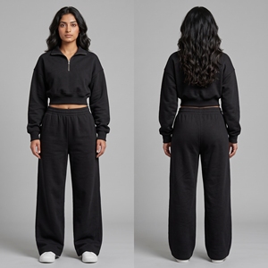 Ensemble 2 pièces pour femme : Sweat-shirt court à quart de zip et pantalon de survêtement large, noir, tenue décontractée, survêtement, logo personnalisé OEM - Product Image 2