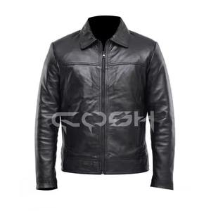 Chaqueta de Cuero Negra con Cierre, Estilo Cuello Camisero Versátil para Hombre - Product Image 1