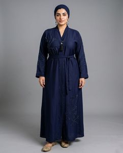 Elegant Navy Blue Embroidered Abaya Loose Fit Floral Design <b>Long</b> Sleeve Floor Length Modest <b>Dress</b> Women Middle East Style <b>Eid</b> - Product Image 1