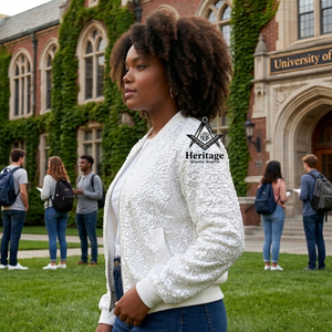 Heritage Masonic Regalia Women Luxury White <b>Sequin</b> Varsity <b>Jacket</b> Embroidered Bomber <b>Jacket</b> Zip Up Streetwear Greek Apparel - Product Image 2