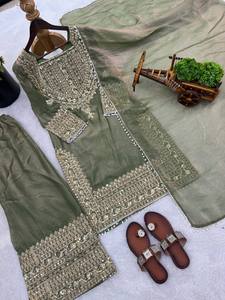 Costume Anarkali vert brodé pour femmes avec dupatta, longueur au sol, tenue traditionnelle indienne pakistanaise pour mariage - Product Image 5