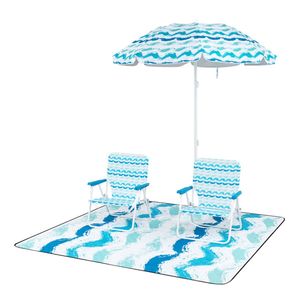 Set da Spiaggia 4 Pezzi Blu: Telo Impermeabile 203x203cm, Ombrellone Parasole 1,9m, 2 Sedie Pieghevoli - Product Image 1
