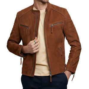 Chaqueta de Motociclista para Hombre, de Gamuza Marrón, Impermeable, Estilo Urbano, con Cuello Alto y Cierre de Cremallera - Product Image 1