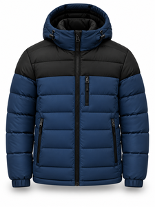 Men's Blue Black Hooded Puffer <b>Jacket</b> Waterproof Windproof Zipper Closure Polyester Wadding Winter <b>Casual</b> Coat Front Logo - Product Image 1
