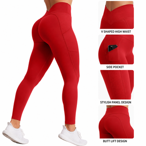 Leggings de yoga rojos de cintura alta para mujer, diseño sin costuras con cintura en forma de V, elásticos en cuatro direcciones, legging de fitness. - Product Image 1
