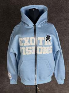 Exotic Visions Oversized Zip-<b>Up</b> Hoodie <b>Light</b> Blue Applique <b>Letter</b> Print Unisex Casual Autumn Wear - Product Image 3