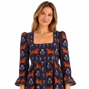 Vestido midi de algodón con estampado floral de tigre para mujer, cuello cuadrado, manga larga, línea A, estilo casual. - Product Image 5