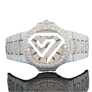 Montre chronographe 41 mm style moissanite, or rose bicolore, entièrement pavée de diamants, montre de luxe pour homme. - Product Image 4