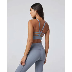Custom Logo Sexy Light <b>Support</b> Running Vest Active Workout <b>Crop</b> <b>Top</b> Square Neckline Gym Open Back Strappy Sports Bras For Women - Product Image 2