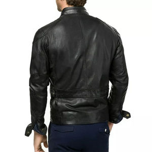 Veste de motard en cuir véritable noir pour homme, col montant, fermeture éclair, coupe-vent - Product Image 6