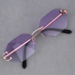Lunettes de soleil rectangulaires sans monture, verres dégradés, monture or rose, accents en cristal, unisexe, protection solaire pour adultes, anti-reflets - Product Image 2