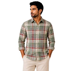 Chemise à manches longues pour homme en coton à carreaux vert sauge, rouge et beige, décontractée, boutonnée, personnalisable, vente en gros, vêtements de mode - Product Image 1