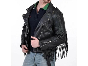 Men's Black Genuine Leather <b>Biker</b> <b>Jacket</b> With Fringe Stand Collar Zipper Closure Regular Fit Autumn Wear - Product Image 3