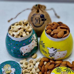 Custom Printed Enamel Metal Storage <b>Canister</b> Jars with Brass Gold Basket Tray Diwali Gift <b>Set</b> Manufacturer Cow Pichwai Design - Product Image 5