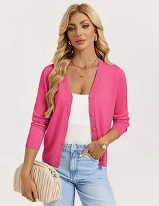 Cárdigan de Punto Rosa, Color Sólido, Manga Larga, Cierre de Botones, Corte Regular, Suéter de Primavera, 100% Acrílico - Product Image 1