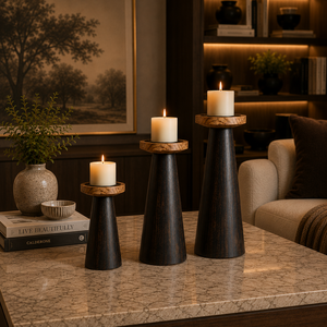 Porte-bougie artisanal en bois de manguier de qualité supérieure, 12 pouces, finition noire foncée, base en métal - Décoration artisanale durable pour la maison - Product Image 5