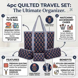Juego de 4 Bolsas de Viaje Acolchadas de Estilo Bohemio, de Tela de Algodón, con Cierre, Portátiles, Ligeras, Organizadas, para Viajes de Fin de Semana y Vacaciones - Product Image 6