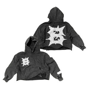 Sudadera con Capucha Oversize para Hombre, Negra, con Bordado Desgastado, Logotipo con Letras, Bolsillo Frontal, Manga Regular, Felpa Francesa, 100% Algodón, Lavado Ácido - Product Image 3