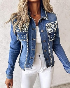 Veste en jean unie à col rabattu, style décontracté, boutonnage simple, décoration perlée, coupe classique, pour le printemps - Product Image 1