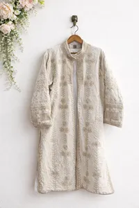 Veste longue en coton blanc brodé de luxe pour femmes, col montant, motif floral bohème, manches longues, vêtement d'extérieur pour l'hiver - Product Image 4