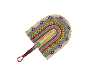 Natural fiber woven handheld <b>fan</b> featuring <b>pink</b> lime green brown and teal arched patterns eco friendly cooling accessory for - Product Image 3