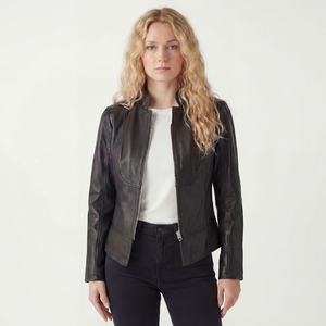 เสื้อแจ็คเก็ตมอเตอร์ไซค์หนังแกะสำหรับผู้หญิง - แจ็คเก็ตนักขี่มอเตอร์ไซค์สีดำทรงเข้ารูป - Product Image 1