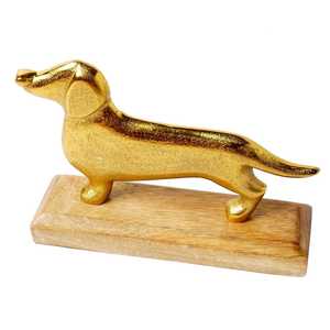 Golden Dachshund Sculpture On Wooden Base Handmade Modern Animal Figure Tabletop <b>Decor</b> Living Room Ornament 1PC - Product Image 1