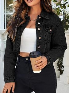 Women's Winter Solid Logo Front Breathable Eco-Friendly Knitted Raw Hem <b>Long</b> Sleeve Button Pocket Regular Bomber <b>Leather</b> <b>Jacket</b> - Product Image 3