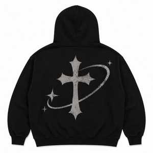 Sweat à capuche unisexe vintage gothique noir surdimensionné avec imprimé croix en coton French Terry 400g, manches classiques, poche avant, style hiver - Product Image 1