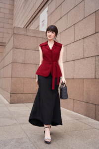 Women's Sleeveless <b>Red</b> Peplum Vest Frayed Lapel Notch Collar Self Tie Waist <b>Belt</b> Tailored Top Polyester Spandex LUCIA - Product Image 2