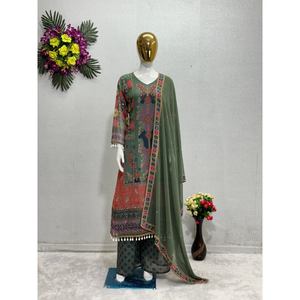 งานพิมพ์ดิจิตอล georgette ด้านบนด้านล่างพร้อม dupatta mehendi - Product Image 1