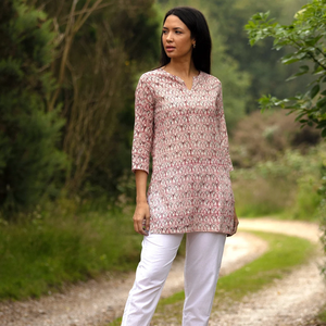 VENTE Haut long KURTA Style 9 Design géométrique rouge et gris 100% Coton léger Col en V Manches longues Tunique Haut Cadeau pour elle - Product Image 3