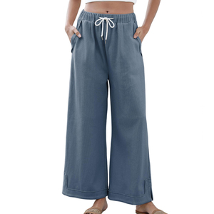 Women Streetwear Regular Fit Straight Breathable Quick Dry Polyester/Cotton Ankle-Length Casual Mid Waist Solid Color <b>Trouser</b> - Product Image 1