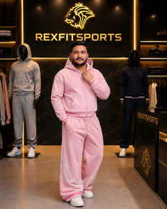 REXFITSPORTS Men <b>Pink</b> Zip-Up <b>Hoodie</b> Tracksuit Oversized Casual Streetwear Full Length Sweatpants Set Solid Color Loose Fit - Product Image 3