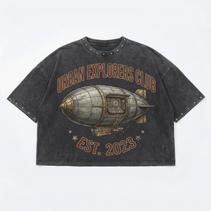 T-shirt court oversize imprimé Dirigible Steampunk Urban Explorers Club pour homme, style urbain, manches courtes, col rond, en jersey de coton - Product Image 1