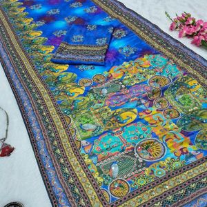 Sari en soie de qualité supérieure avec de véritables broderies miroir, broderies Zari dorées, broderies Chakri, motifs diamantés, magnifique imprimé, sari de créateur pour mariage et fêtes. - Product Image 6