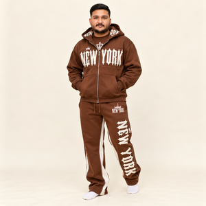 Ensemble de survêtement marron personnalisé avec impression en relief pour homme, comprenant un sweat à capuche zippé oversize et un pantalon de survêtement, en tissu épais, style streetwear, marque privée, vente en gros - Product Image 5