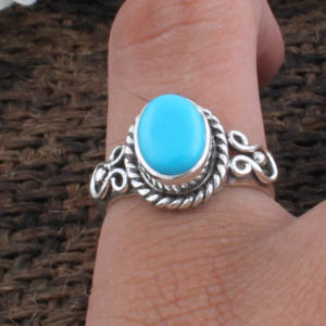 Anillo con Bisel de Turquesa Natural, Plata de Ley 925, Estilo Vintage, Piedra Azul, Joyería de Turquesa Genuina para Mujer - Product Image 3