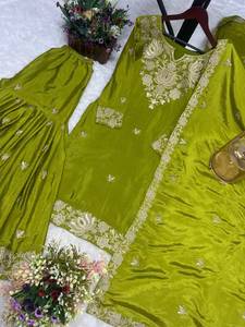 Women's <b>Green</b> <b>Silk</b> Traditional Indian/Pakistani Ethnic Kurti Sharara Suit Mirror Work Embroidery Quick Dry Fabric for Wedding - Product Image 3