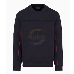 <b>Men's</b> <b>Navy</b> Embossed Logo Front Crew Neck 100% Cotton <b>Fleece</b> Sweatshirt Red Stitching Detail Casual Knitted Chevron Pattern - Product Image 3