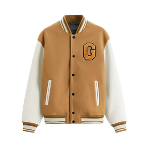 Veste universitaire pour homme, marron et blanc, bicolore, broderie lettre G, style preppy, col rabattu, fermeture boutonnée - Product Image 1