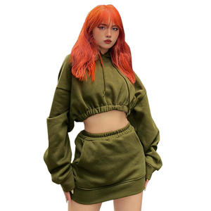 Women Olive Green Hooded Crop Top Tracksuit <b>Set</b> Full Sleeve Solid Color Casual <b>Jogger</b> With Side Pockets Elastic Waist - Product Image 2