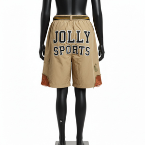 Shorts cortavientos de poliéster premium para mujer, color caqui, verde oliva, diseño de paneles, aplique de chenilla, logotipo personalizado. - Product Image 2