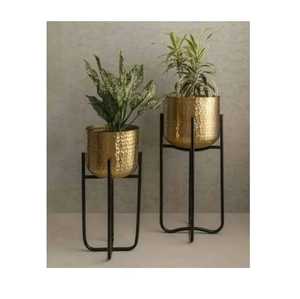 2 Piece Antique Brass Hammered Cylinder Plant Stand Set <b>Black</b> Iron Cross <b>Frame</b> Leg Industrial Tall Floor Flower Pot Holders - Product Image 1