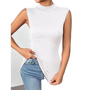 Body blanc sans manches à col montant pour femme, coupe ajustée, extensible, style débardeur, idéal pour les soirées, basique et tendance, 100% polyester, pour l'hiver - Product Image 1