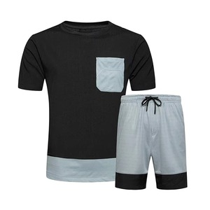 Conjunto de Camiseta de Cuello Redondo y Pantalones Cortos Casuales para Hombre, Color Negro y Gris, Cintura Elástica, Ligero, para Verano - Product Image 3