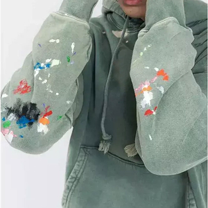 OEM Vintage Wash Oversized Distressed Men's Hoodies Streetwear <b>Paint</b> Splatter Custom Logo Heavyweight Fleece Pullover Sweatshirt - Product Image 5
