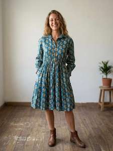 Exquisito Vestido Midi de Algodón con Estampado Floral Teal para Mujer, Tejido de Algodón Transpirable de Primera Calidad, Estilo Camisa de Manga Larga - Product Image 2