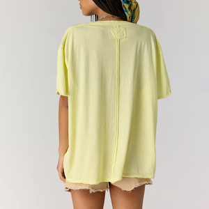 เสื้อยืดโอเวอร์ไซส์คอวีสีเหลืองสำหรับผู้หญิง แขนสั้น สไตล์ลำลอง เหมาะสำหรับฤดูร้อน ผ้าฝ้าย 100% ทรงปกติ สีพื้น ผ้ากลับด้านได้ ไซส์พลัส - Product Image 2